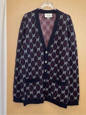 Gucci Black Navy FF Logo Jacquard Cardigan with Burgundy Accents